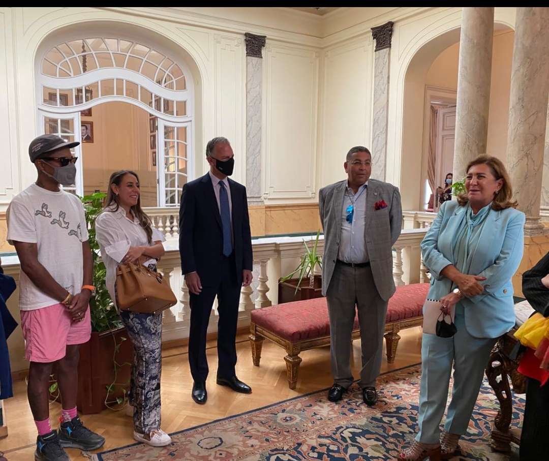  Ambassador Cohen meets with famed American singer and songwriter Pharrell Williams and Ms. Suzy Shoukry at the historic Tahrir Palace 